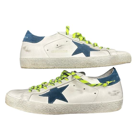 Golden Goose Shoes - Golden Goose White & Blue Star Superstar Lace Up Sneakers w/ Neon Laces 39 / 9